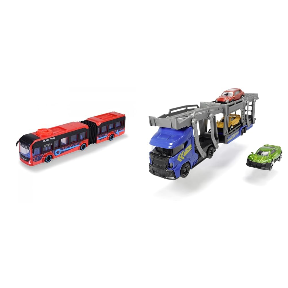 Dickie Toys - Spielzeug-Bus Volvo (rot) – lenkbarer City Bus (40 cm) & 203745008 Car Carrier, Autotransporter für 3 Autos