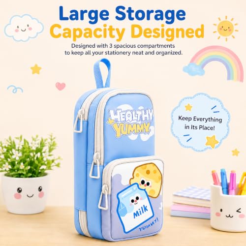 Image of Alokik 3 Compartment Pencil Pouch for Kids, Cute Milk & Cheese Cartoon Pencil Case with Multiple Zipper Compartments, Water-Resistant Stationery Organizer for Boys & Girls (Healthy Yummy Pouch)