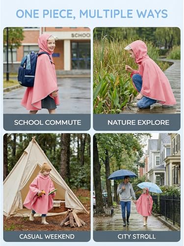 Image of Haloumoning Kids Hooded Rain Poncho Girls Waterproof Lightweight Reusable Raincoat Jacket 4-14 Years