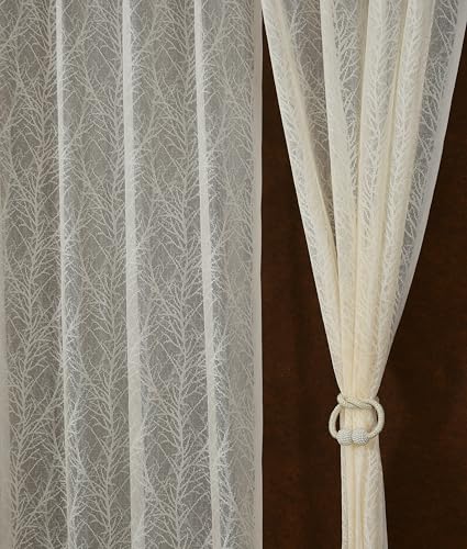 Image of Fabrilia Premium Cream Net Curtains Set of 2 | Sheer Leaf Pattern Drapes for Window 5 feet Long | Semi Transparent Lace Curtain for Living Room, Bedroom & Balcony
