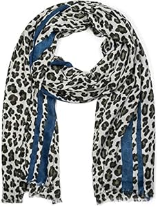 styleBREAKER Damen Schal mit Leo Muster und farbigem Streifen | Weiches Material mit Fransen | Animal Print Tuch in One Size, Farbe:Oliv-Blau