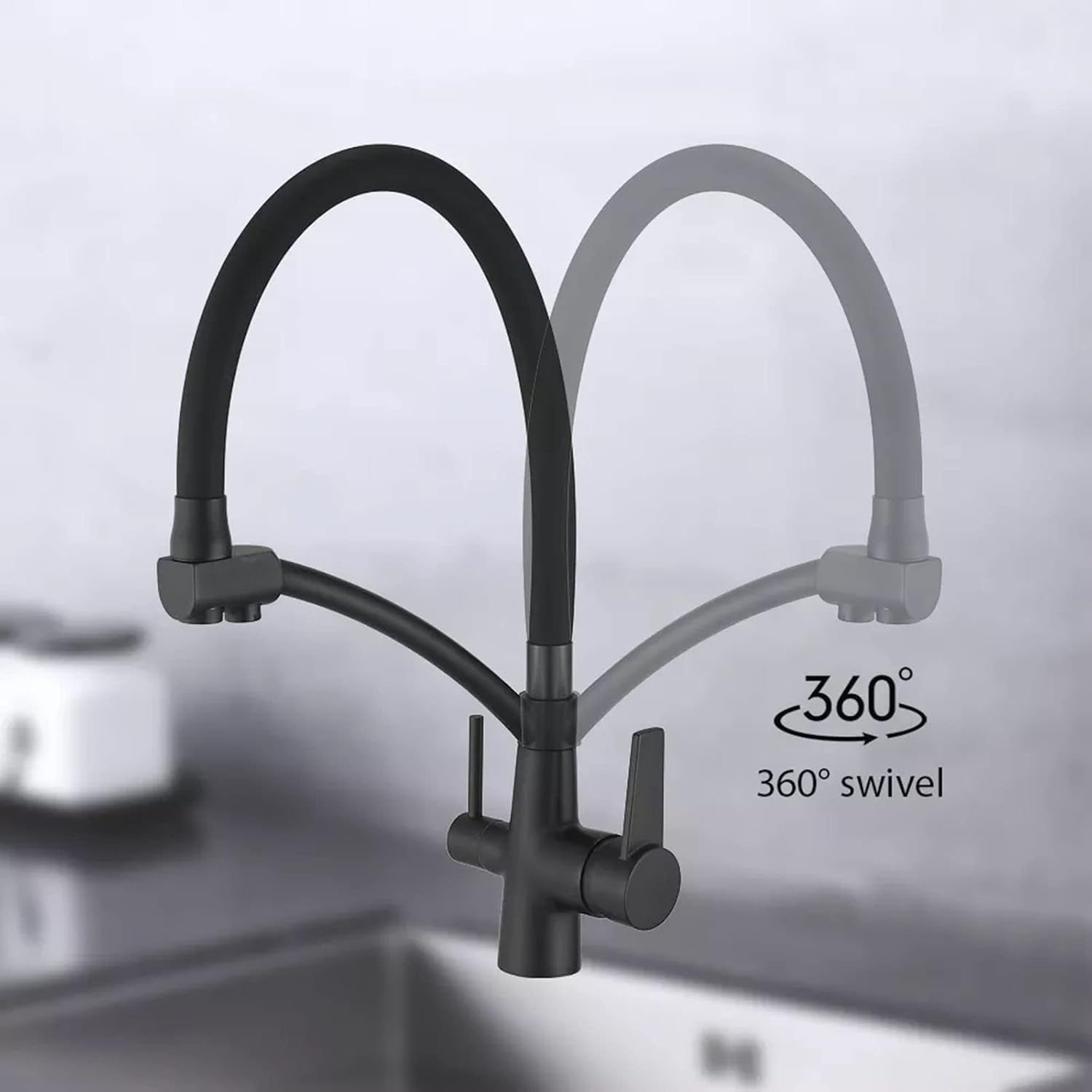 Pull Out Kitchen Faucet with Drinking Water Brass 360 Degree Swivel Mixer Taps for Cold and Hot, 3-In-1High Arc Sink with 2 Handles,Black(Black)
