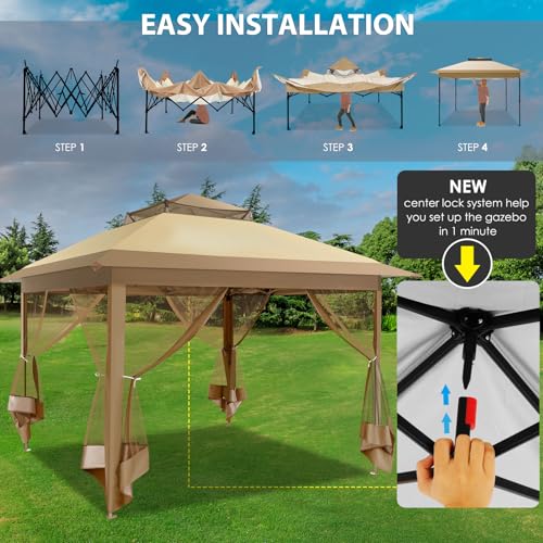 Image of COBIZI Pop Up Gazebo 11x11 One-Push Canopy Tent, Carpas Para Patio, Outdoor Canopy Shelter with Double Roof Ventiation 121 Square Feet of Shade for Lawn, Garden, Backyard and Deck, Khaki(Upgraded 2.0)