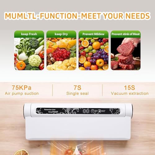 Image of Food Saver Vacuum Sealer Machine, 75KPA Strong Suction for Dry /Wet Foods, Digital Countdown Timer, Compact Design with LED Lights, Includes 20 Vacuum Seal Bags, Ideal for Home Kitchen Use