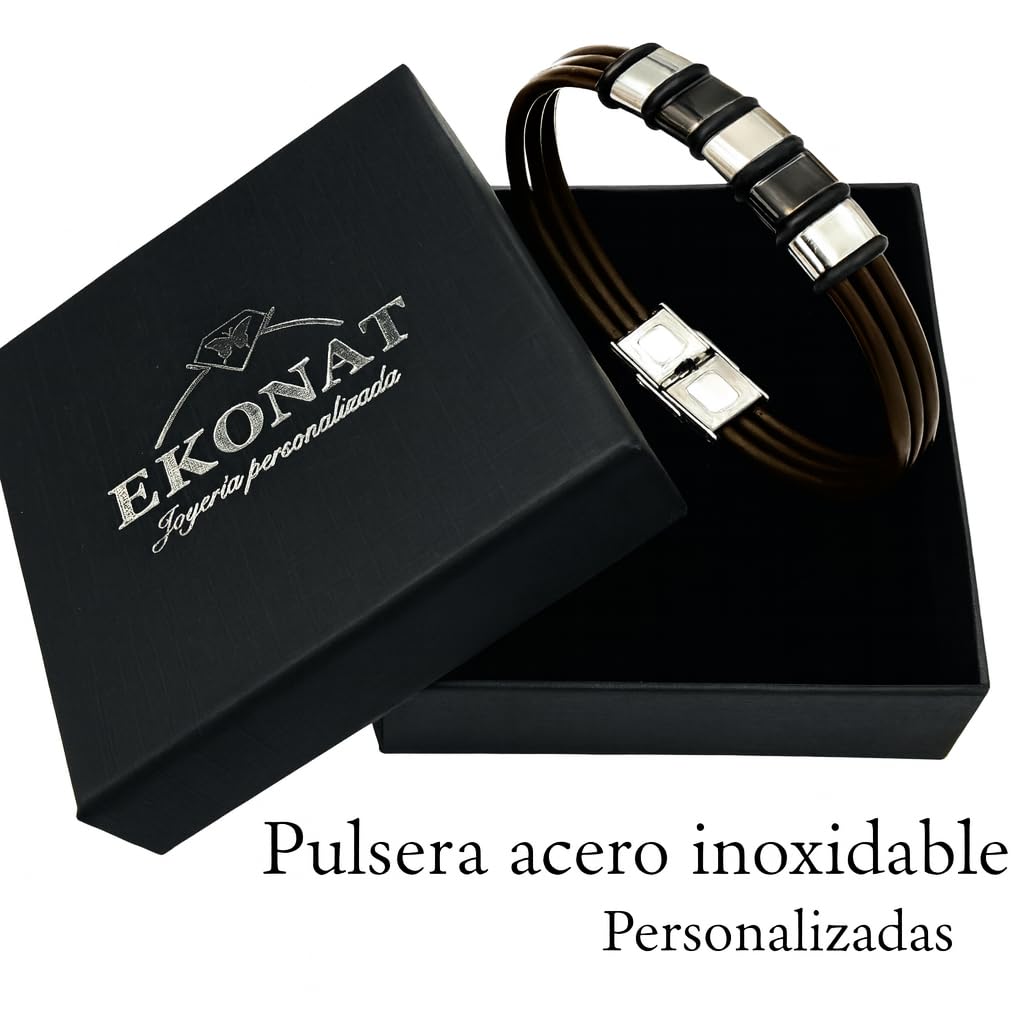 Ekonat- Pulsera hombre personalizada - Pulsera cuero hombre Personalizadas- Pulsera hombre acero inoxidable personalizada ajustable. CUERO DURADERO DE CALIDAD