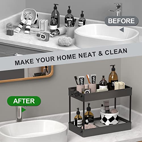 Spacekeeper Under Sink Organizer, 2 Tier Under Sink Storage Organizer, Bathroom Standing Rack, Bath Collection Baskets With Hooks, Multi-Purpose Storage Shelf, Black, 2 Pack #TOP2