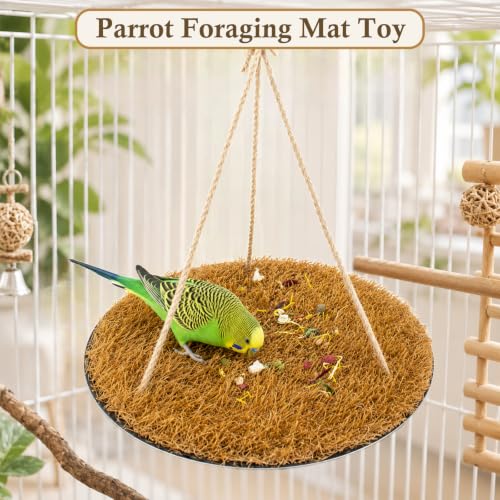 Image of FlidRunest Yellow Large Bird Foraging Mat, Natural Bird Grass Hammock Swing Toy with Hooks, Climbing Perch Hanging Toy for Parakeets, Parrot, Cockatiels, Bearded Dragon