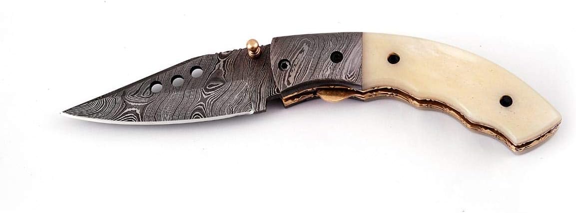 5079B Custom Damascus Steel Folding Pocket Knife Cool Camping Knife Unique Damascus Blade Pattern 5079B (White)
