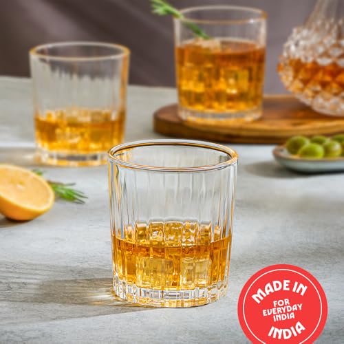 Image of Borosil 300ml 6pc Charm Whiskey Glass Set | Made in India Borosilicate Glass Premium Bar Tumbler for Drinking Bourbon, Scotch, Cognac, Cocktails, Juice etc. | Heavy Base, Transparent
