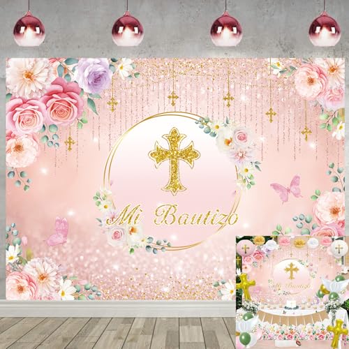Fondo para Bautizo 240x180 cm Floral Rosa Cruz Dorada
