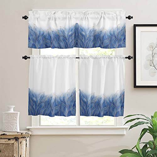 Gradient Navy Blue Kitchen Curtains And Valance Set, Farmhouse Window Curtain Valance 54''X18'' Geometric Abstract Gold Leaves White Small Short Half Tier Curtains For Bathroom Cafe 55X36 Inch #TOP1