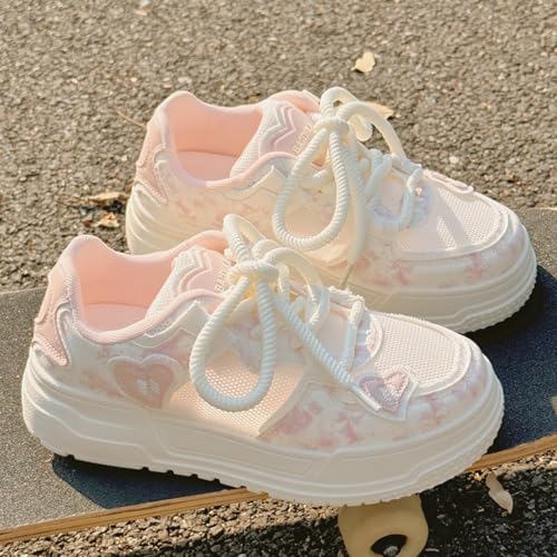 Y2K Platform Sneakers Heart Shape Pattern Trendy Mesh Thick Sole Height Increasing Student Casual Everyday Streetwear Lightweight Platform Ladies White Shoes Comfortable2