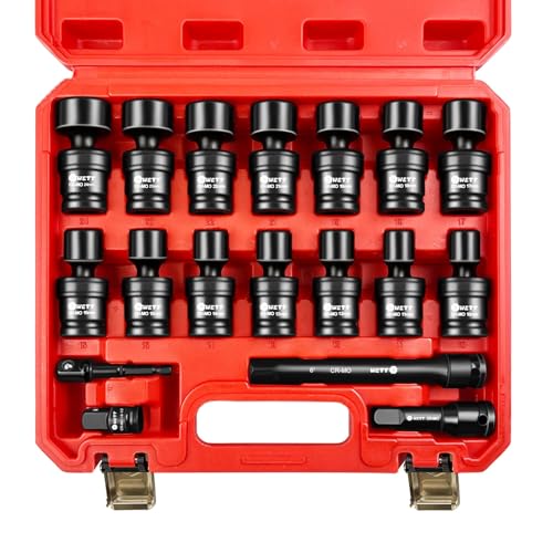 WETT 1/2" Drive Shallow Impact Universal Joint Socket Set, 18-Piece Swivel Socket Set, Metric Flexible Wobble Sockets, (10-24mm), with 3", 6" Extension Bar, Adapter, 6 Point, CR-MO Steel