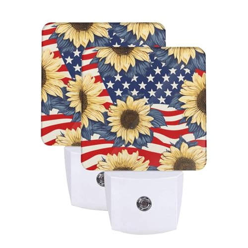 Image of Sunflowers Red and White Lines LED Plug-in Night Lamp 2 Piece Set, Auto Sensor Nightlights Set of 2 for Bedroom Bathroom