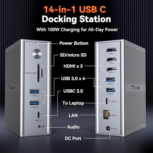 Image of TobenONE USB C Laptop Docking Station 3 Monitors, Triple 4K DisplayLink Dock with 120W Power Adapter, for MacBook M1-M5 /Mac mini /Windows, 3X HDMI, 5X USB, Gigabit Ethernet, Driver Required