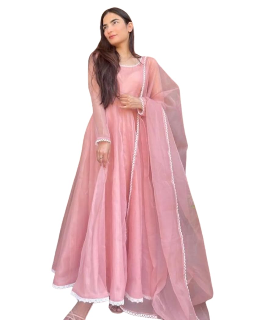 Pink Anarkali Dress with Sheer Dupatta – Floor-Length Traditional Indian Gown Featuring Elegant White Lace Trim