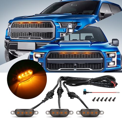FICOLPO 3 Pcs Led Grill Lights Compatible with Raptor Style 2013-2018 Dodge Ram 1500 & 2004-2019 Ford F150 - LED Front Grille Lights Accessories with Fuse and Harness (Amber)