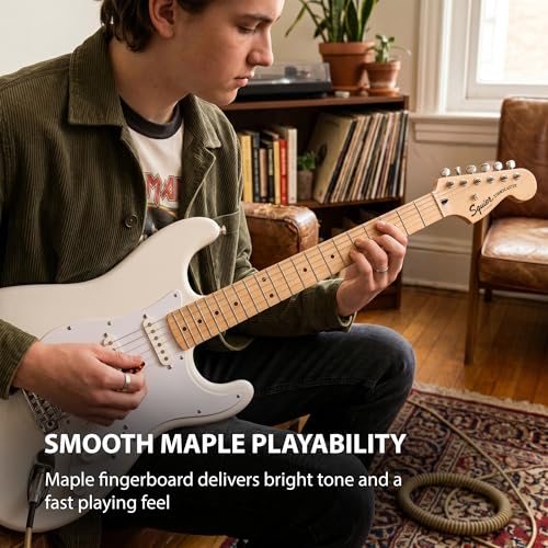 Image of Fender Squier Sonic Stratocaster HT - Arctic White Bundle with Mustang Micro Headphone Amp, Cable, Tuner, Strap, Picks, and Austin Bazaar Instructional DVD