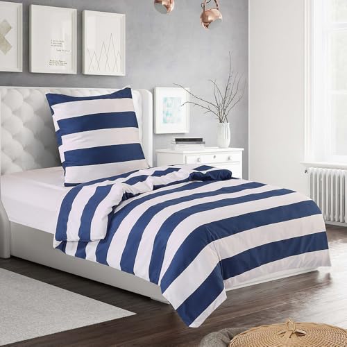 HENGWEI Blau Bettwäsche 140x200cm 2teilig Set Oeko-TEX Zertifiziert, Extraweiches & bügelfrei Bettwäsche-Set,Mikrofaser Bettbezug 140x200cm mit Kissenbezug 70x90cm, Blau Weiß Streifen