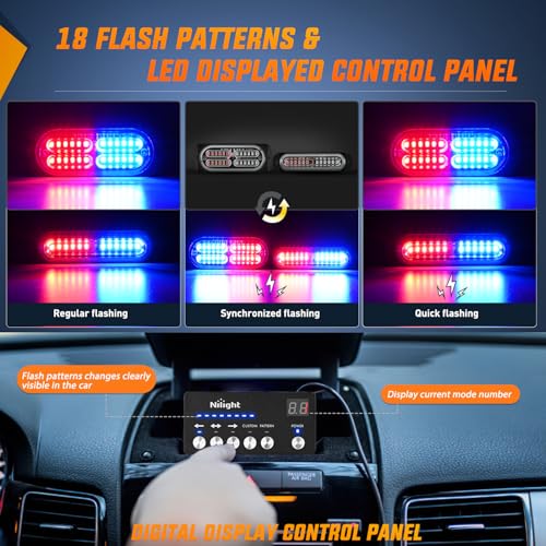 Image of Nilight 8PCS Led Strobe Lights with Controller 12 /24V Sync Feature Red Blue