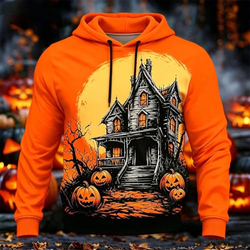 Hoodies for Men Halloween Pumpkin Hoodie Casual Long Sleeve Y2k Funny Pullover Sweatshirt Comfort Clothes Holiday Orange - image 2