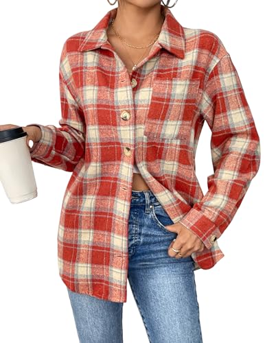 Zeagoo Plaid Flannel Shirts for Women Oversized Long Sleeve Button Down Brushed Plaid Shirt Blouse Tops Red