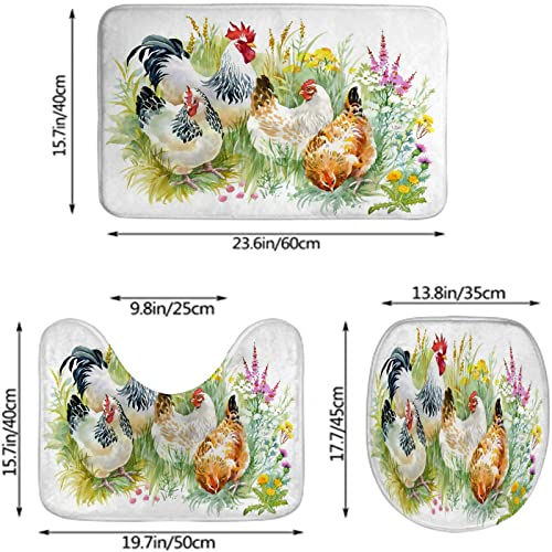 Badezimmerteppich-Set, 3-teilig, Huhn und Hahn im Gras, waschbare Badeteppiche, rutschfest, mit Rückenpolster, Konturteppich und Toilettendeckelbezug – Bild 3