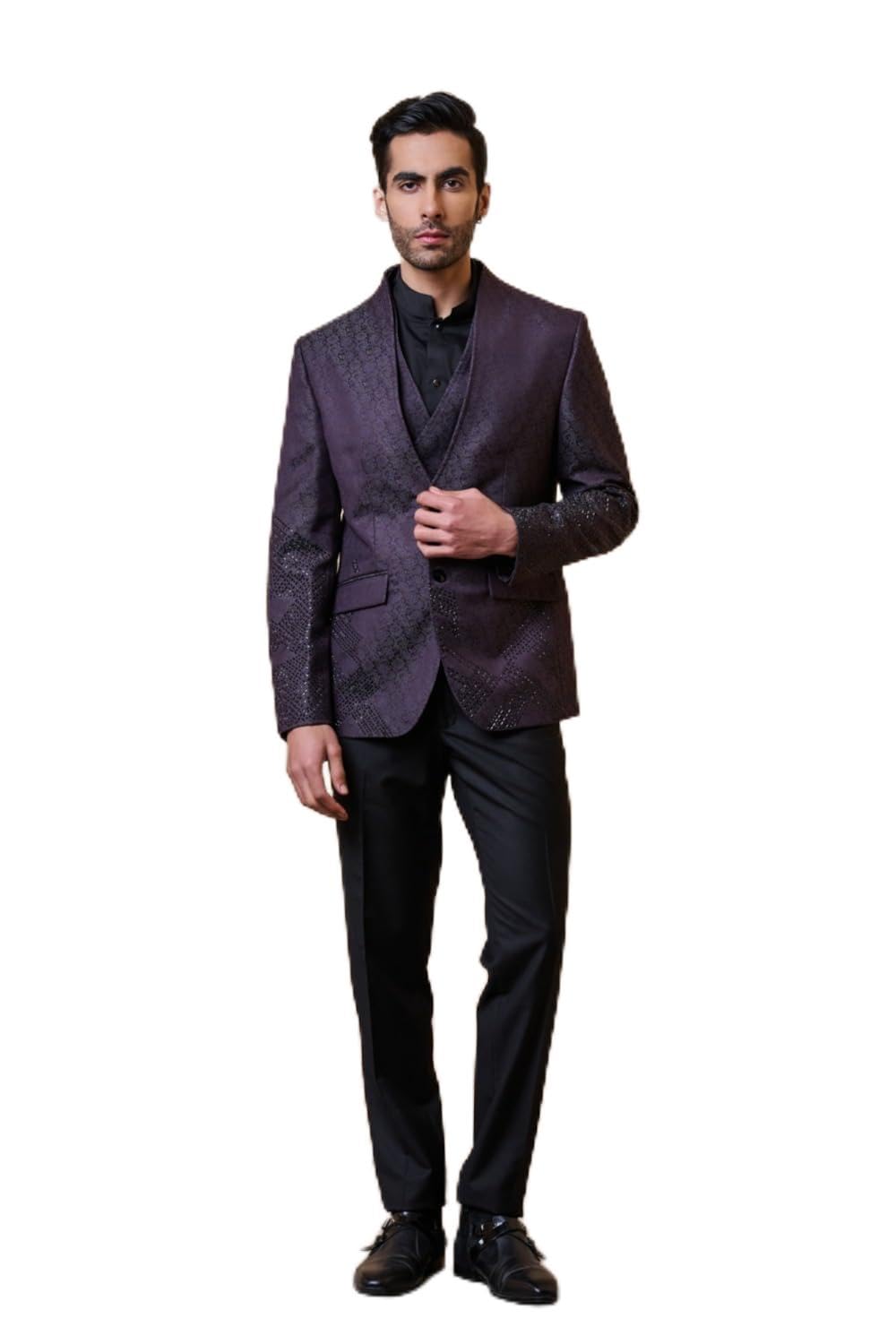 tasva Wine Jacquard Embroidered Dinner Jacket-picture-53