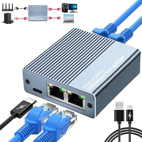 Vecbmn Ethernet Splitter 1 a 3, 1000Mbps Duplicador RJ45, Divisor Ethernet RJ45, Splitter E-thernet para Ordenadores, Conmutadores, Descodificadores, Televisores