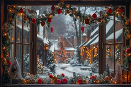 WOOHOOROO Fake Window Wall Sticker Festive Street Garland Christmas Peel and Stick Removable Holiday Scene,32" x 48"