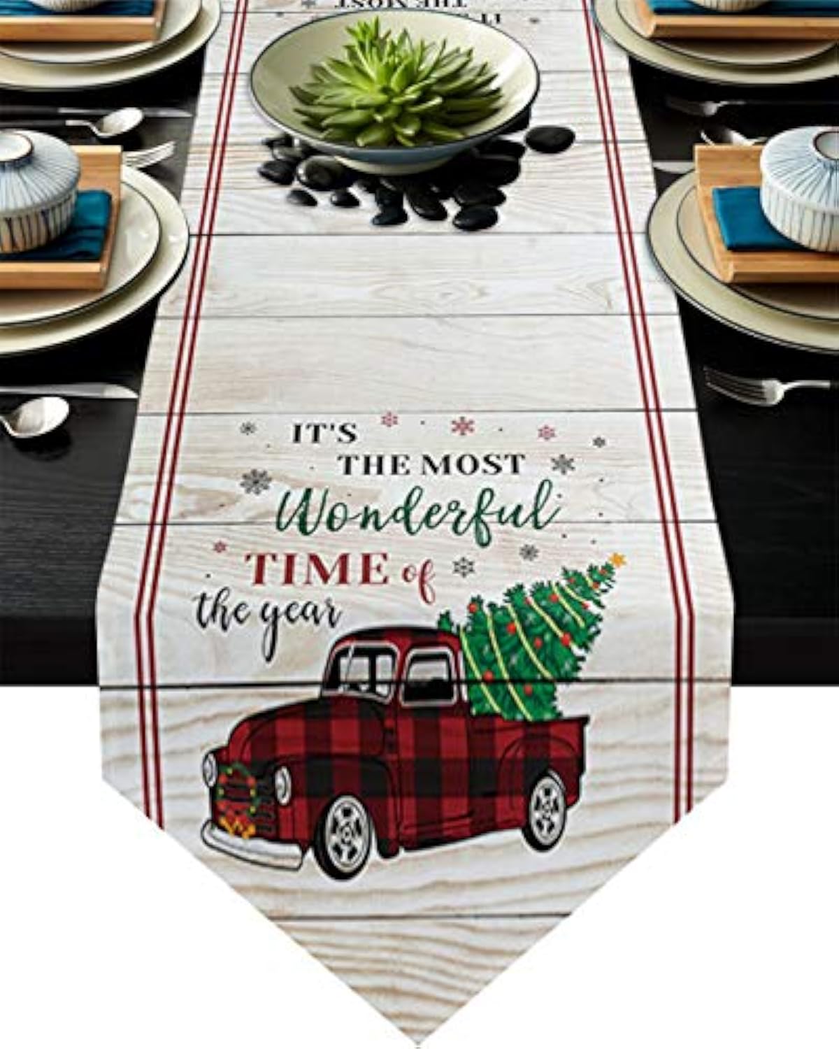 割引で購入 レッドチェック柄トラックとクリスマスツリーコットンリネンテーブルランナー ケータリングイベント ディナーパーティー 結婚式 春 休日 インドアまたはアウトドアパーティー 古い木目 13x108インチ 33x274cm 通販価格 Www Civilittee Hu Com