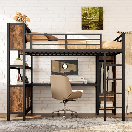 Image of Bellemave Queen Size Loft Bed with Desk, Wardrobe, Storage Cubes and Shelves, Metal Queen Loft Bed Frame for Adults, Kids, Teens, Black and Woodgrain