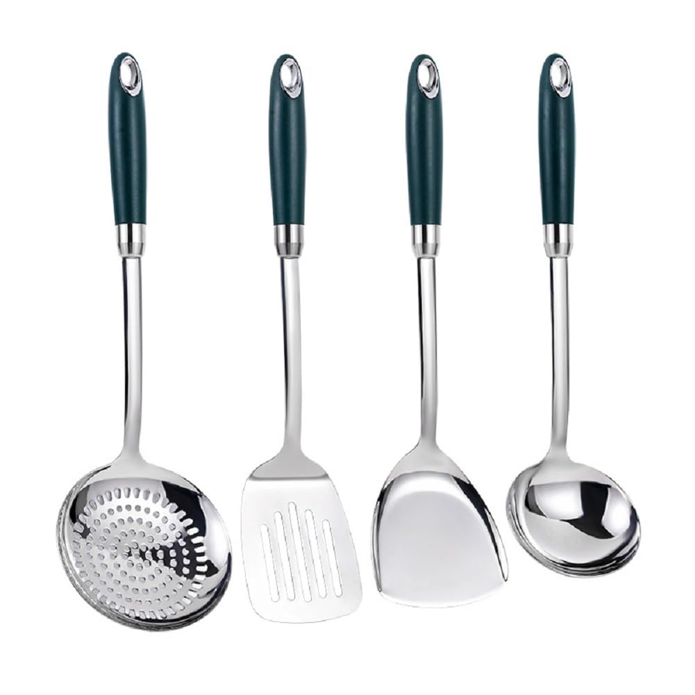 Kochutensilien, 4-Teiliges Kochutensilien Set, 304 Edelstahl Kochlöffel Set Mit Suppenkelle, Schaumlöffel, Schlitz Pfannenwender, Solider Wokpfannenwender, Küchenhelfer Set