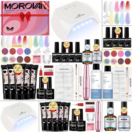 Morovan Professional Poly Gel Nail Kit with Drill & UV/LED Lamp - All-in-One Set: Base/Top Coat, Builder Gel, 8 Sparkling Glitters | Salon-Quality Extension for Beginners