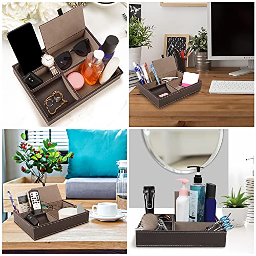 Belle Vous Brown Faux Leather 5 Compartment Valet Dresser/Nightstand Organiser Tray - Desk Storage Box For Wallet, Phone, Keys, Jewellery, Men's Accessories, Money, Cufflinks- Catchall Box for Bedside