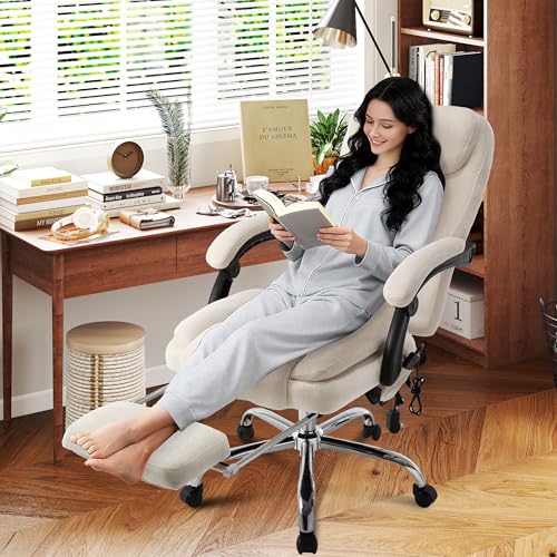 Image of 500LBS Massage Office Chair, 6 Points Vibration & Heat Executive Office Chairs, 135Reclining Comfy Desk Chair with Foot Rest, Wider & Thicker Seat Cushion, Fabric Big and Tall Gaming Chair, Beige