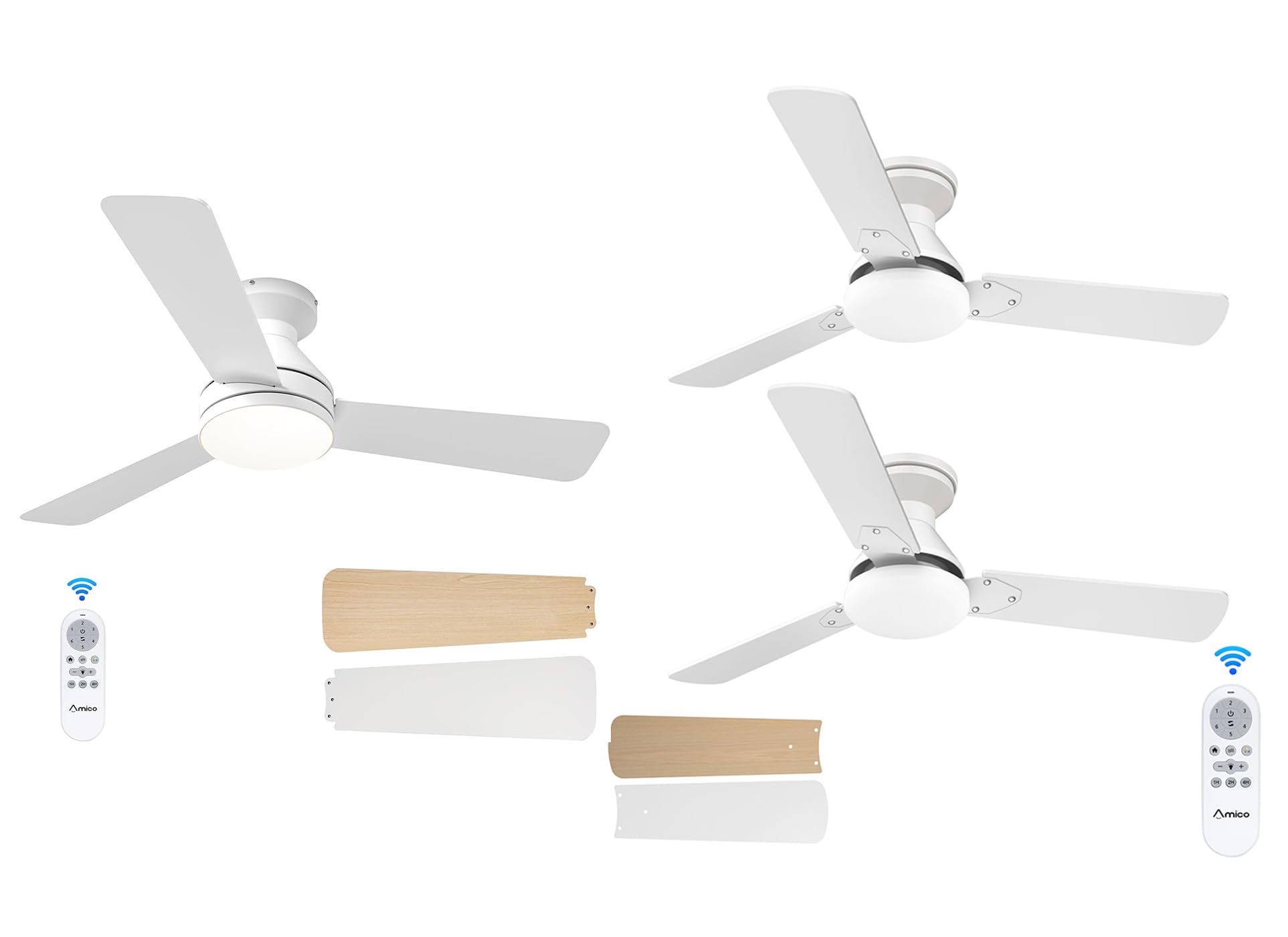 Amico 3 Pack Ceiling Fans with Lights, 42 inch Low Profile Ceiling Fan with Light and Remote Control, Flush Mount, Reversible, 3CCT, Dimmable, Noiseless, White Ceiling Fan for Bedroom, Indoor