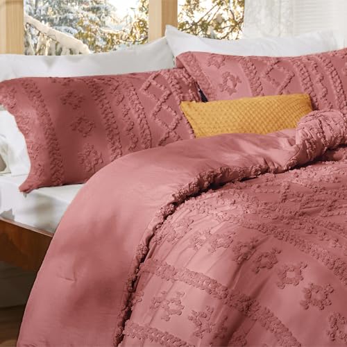 Image of Bedsure Tufted Boho Comforter Set Queen Size - Grayish Pink Boho Bed Set, GentleSoft 3 Pieces Farmhouse-Style Embroidery Bedding, Gifts for Woman, Soft Jacquard Kids' Queen Comforter for All Seasons