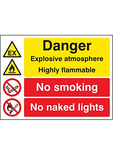 Image of Caledonia Signs 16233K "Explosive Atmosphere Highly Flammable No Smoking/Naked Lights" Sign, Rigid Plastic, 400 mm x 300 mm