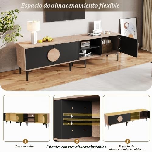 Merax Mueble para TV de 180 x 35 x 49 cm, armario bajo para televisor de 80 pulgadas, armario para televisión con 2 armarios y estantes abiertos, color madera natural y negro, soporte de TV para salón