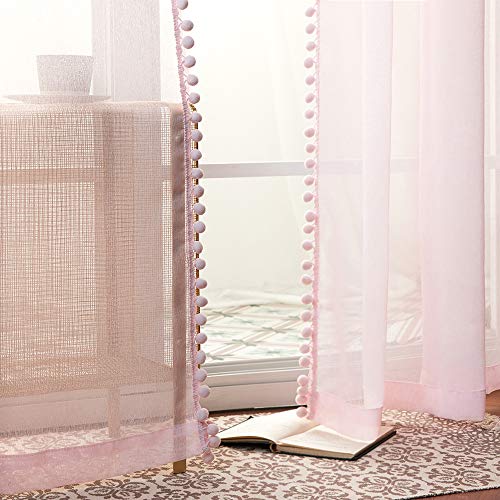 MIULEE Pom Pom Curtains with Pom Poms for Kids Room Girls Room Bedroom Living Room Each H160 x W140cm, Pink, W 55.1" x L 63" (2 Panels) - Image 4