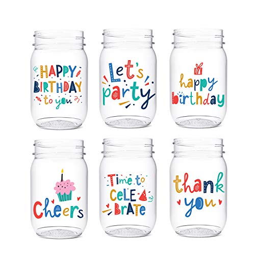 Tossware Pop 16Oz Mason Beaming Birthday, Set Of 6, Premium Quality, Recyclable, Unbreakable & Crystal Clear Plastic Printed Mason Jars #TOP17