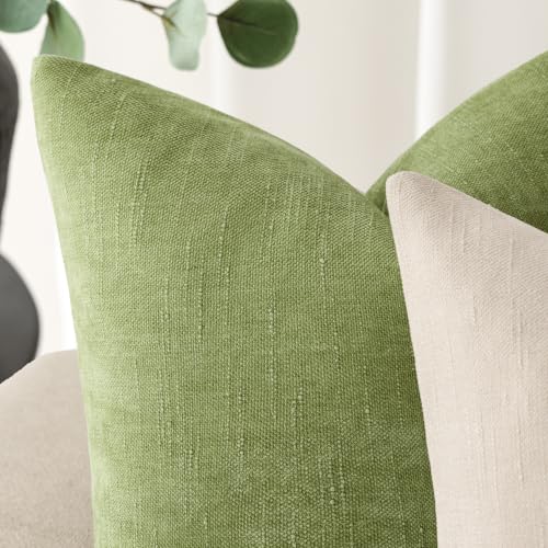 Image of Foindtower Pack of 2 Soft Textured Chenille Throw Decorative Pillow Covers Square Accent Solid Cushion Cover Neutral Farmhouse Pillow Case for Couch Sofa Bedroom Living Room 20x20 Inch,Lush Green