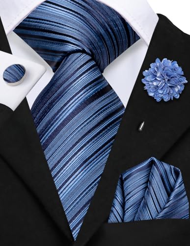 Image of Hi-Tie Men Silk Ties Set with Flower Lapel Pin Necktie Pocket Square Cufflinks for Tuxedo Wedding Business