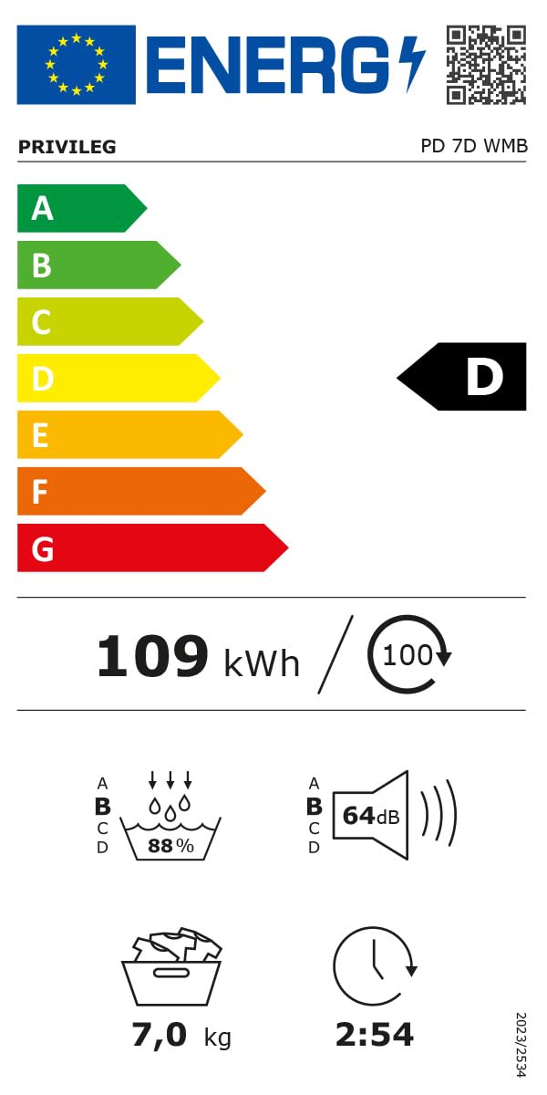 Privileg PD 7D WMB Trockner - Trocknen 7 kg - Knitterschutz - 15 elektronisch gesteuerte Trockenprogramme