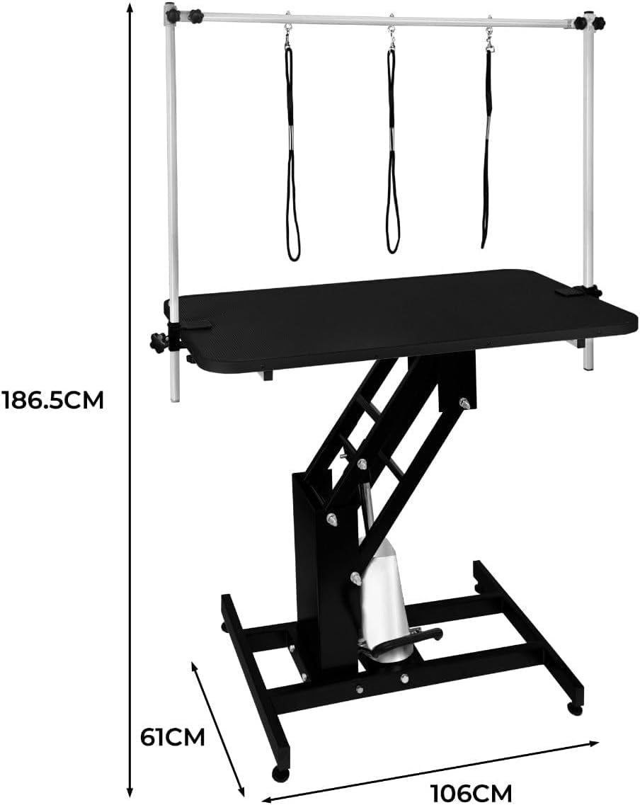 Tavolo Idraulico Toelettatura Cani - Altezza 55-101 cm, Capacità 180 kg, Nero - Piano Nero, Antiscivolo 106x61 cm, Acciaio Nero, Piedini Livellanti, 3 Guinzagli