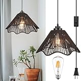 tebio Plug in Pendant Light,Rattan Hanging Lights with Plug in Cord 13FT Hemp Black Cord, On/Off Switch Chandelier for Boho Living Room Bedroom Kitchen（Bulb Included） 12 x 6 inch