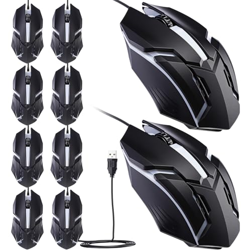 Sratte 10 Pack Black USB Wired Mouse Bulk 1200 Dpi RGB Optical Computer Mouse 3 Button 7 Color LED Backlit Wired Ergonomic USB for Gaming Office Desktop Laptop Gamer Computer