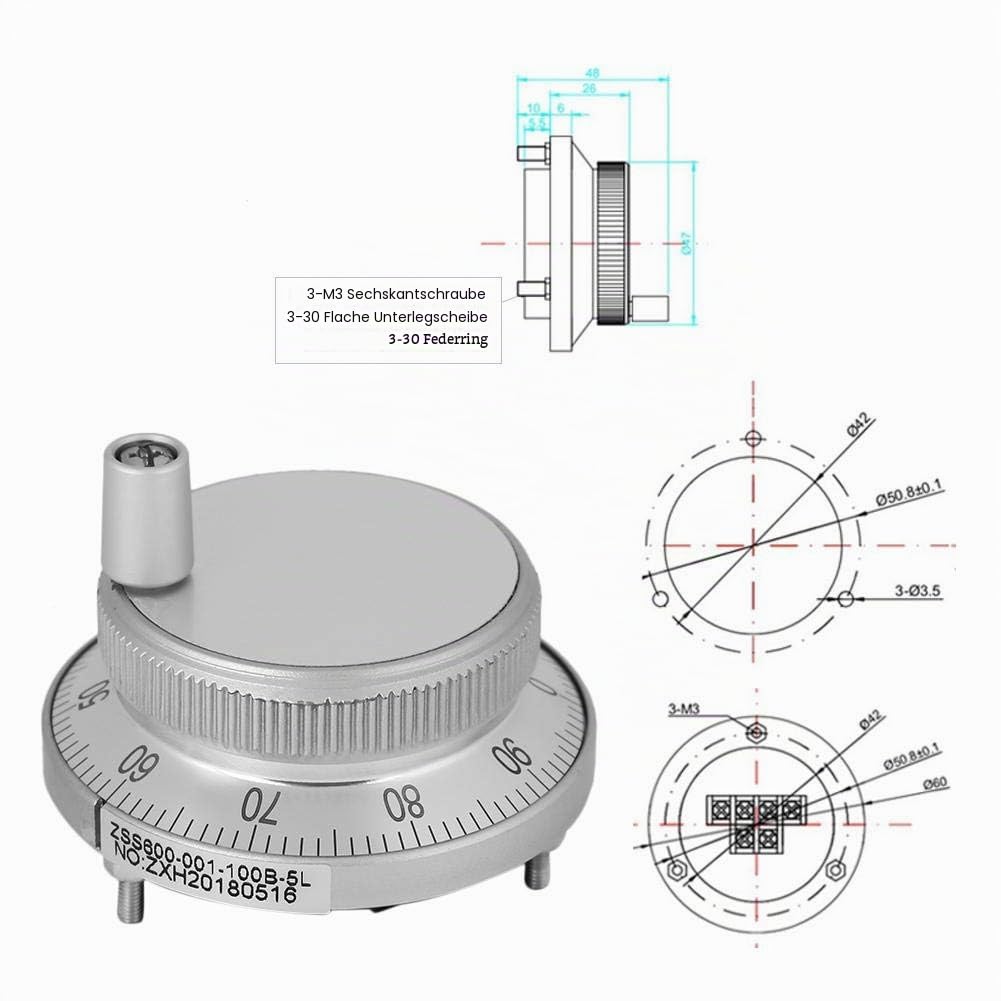 Handencoder, 100PPR 6 Terminal Klemmen Elektronische CNC Handrad Impulsgeber Encoder 5V für CNC System(weiß)