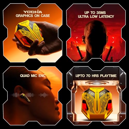 Image of Number Super Buds Pro GT99 Truly Wireless in Ear Earbuds with 70 Hours Playtime, 35ms Ultra Low Latency, Dual Pairing Ear Buds, Quad Mic ENC, BT 5.4, IPX5, Fast Charging, Made in India (Yodha Yellow)